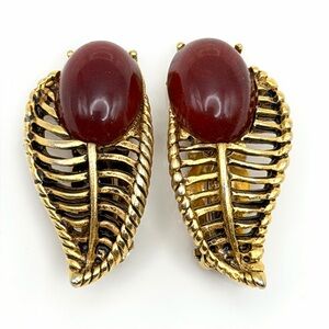 Vintage Oscar de la Renta Gold Tone Red Cabochon Leaf Clip-On Earrings *Signed*
